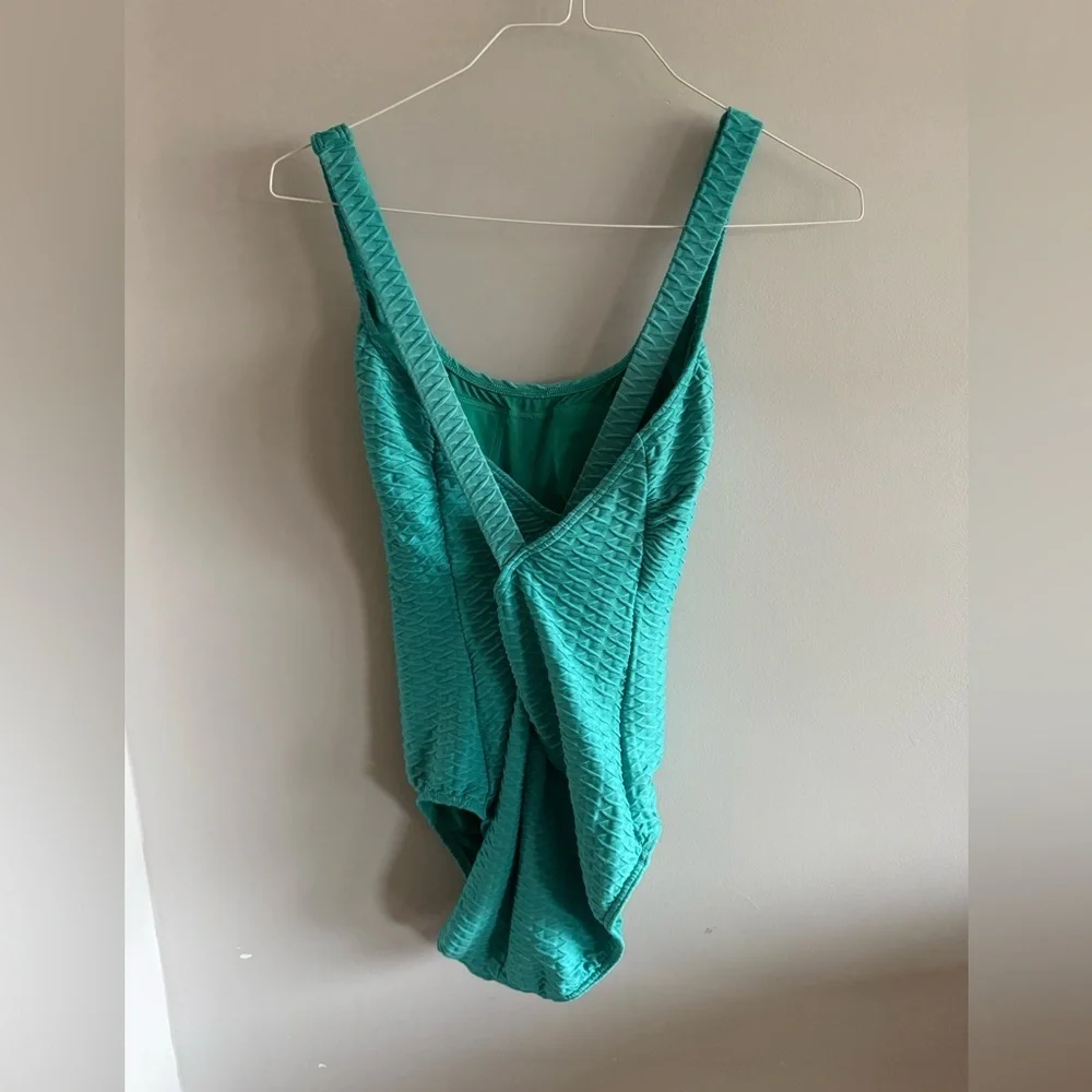 Lands' End Teal Textured One Piece Swimsuit Size 14 Tummy Control Criss Cross